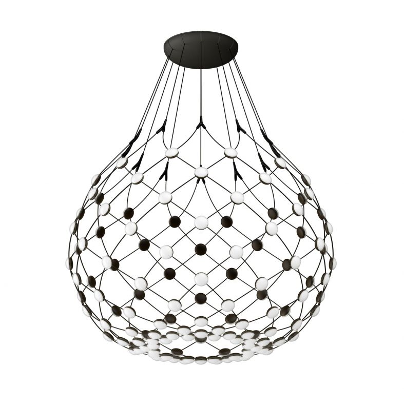 D86 Mesh Deckenleuchte von Luceplan: Moderne Hängeleuchte mit schwarzem Drahtgeflecht und weißen/schwarzen Lichtpunkten.